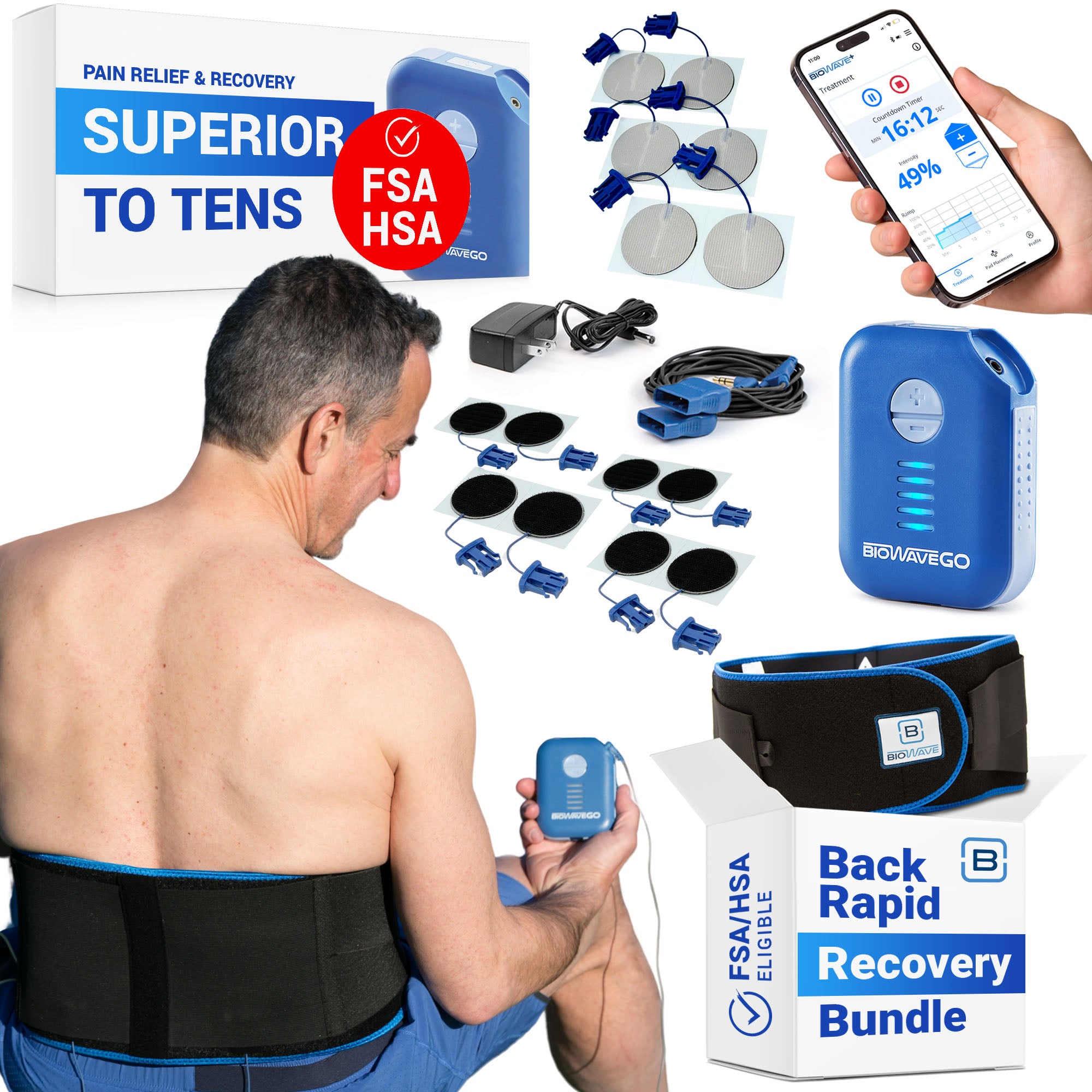 BIOWAVE Back Rapid Recovery Bundle Back Brace Lumbar Support & Medical Grade TENS Unit Upgrade to TENS Machines for Pain Relief Clinically Proven ESTIM Back Brace for Women & Men HSA FSA Eligible