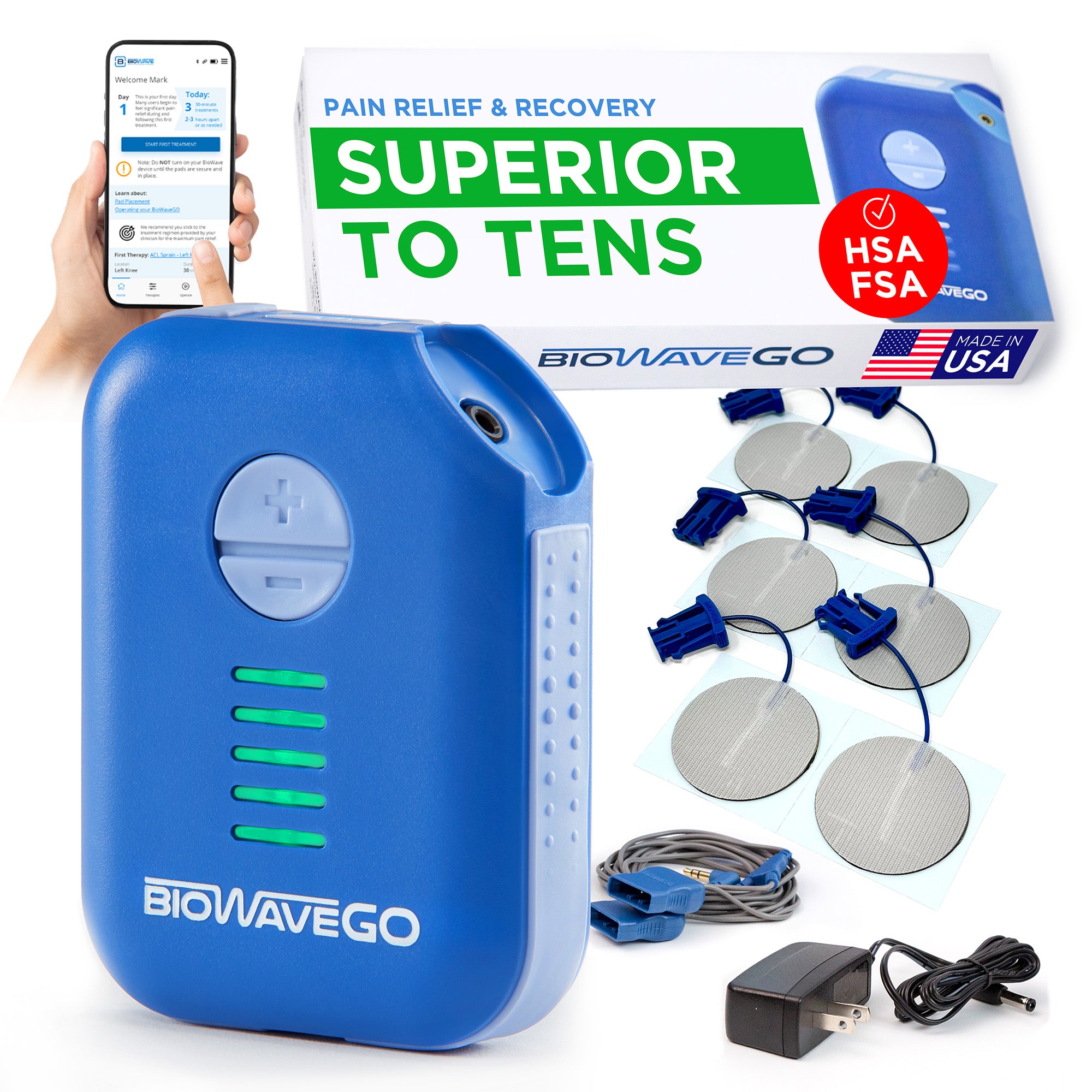 BIOWAVEGO - Clinically Proven Neurostim Device for People Suffering from Acute or Chronic Pain - FSA Eligible, Alternative to TENS Unit, ESTIM, PEMF Therapy Devices & TENS Machines for Pain Relief