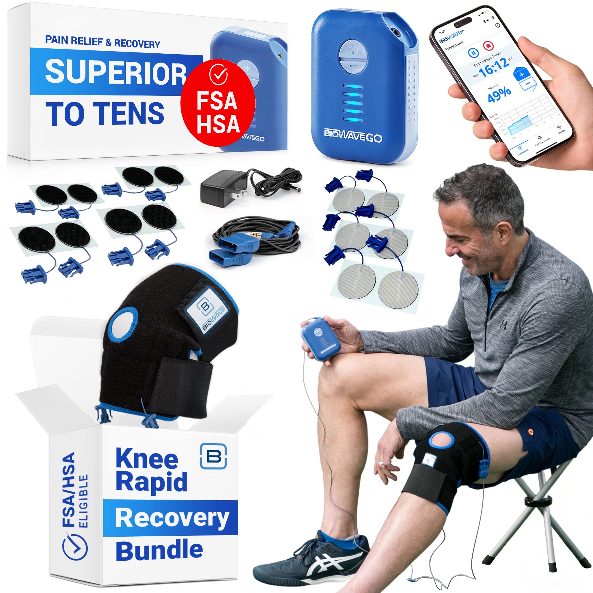 BIOWAVE Knee Rapid Recovery Bundle S/M Knee Brace & Medical Grade TENS Unit Upgrade to TENS Machines for Pain Relief Clinically Proven ESTIM Knee Brace for Women & Knee Brace for Men HSA FSA Eligible