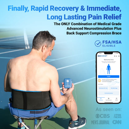 BIOWAVE Back Rapid Recovery Bundle S/M Back Brace Lumbar Support & Medical Grade TENS Unit Upgrade to TENS Machines for Pain Relief Clinically Proven ESTIM Back Brace for Women & Men HSA FSA Eligible